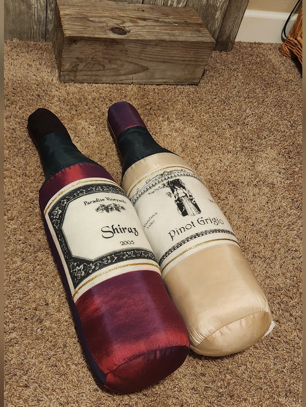 2-Novelty Wine Bottle Plush Pillows - Shiraz & Pinot Grigio 25" T.